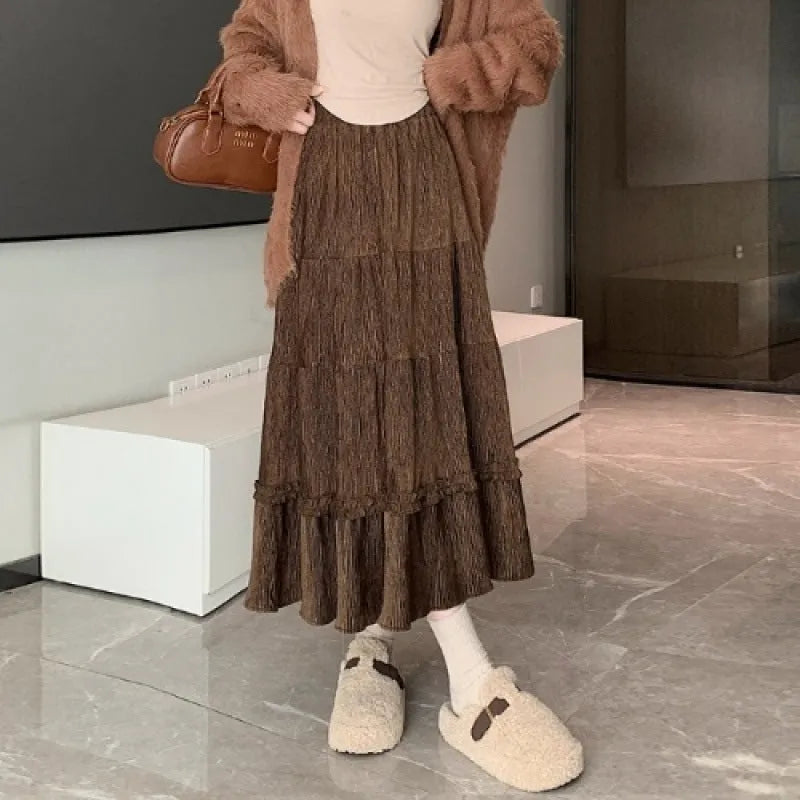 Corduroy A-line midi skirt with elastic waistband in milky white, black or brown colours