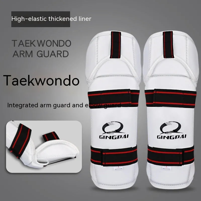 Taekwondo protective gear set showing arm guards, elbow guards, and leg protectors in multiple sizes