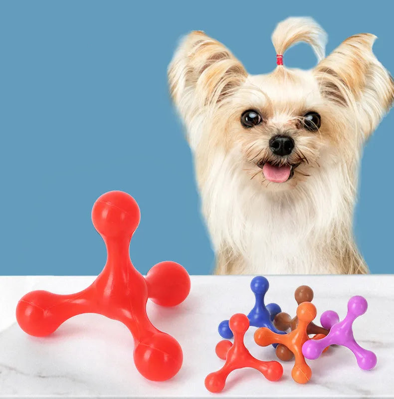 Blue silicone puppy chew toy with three-leg biter design for teething relief