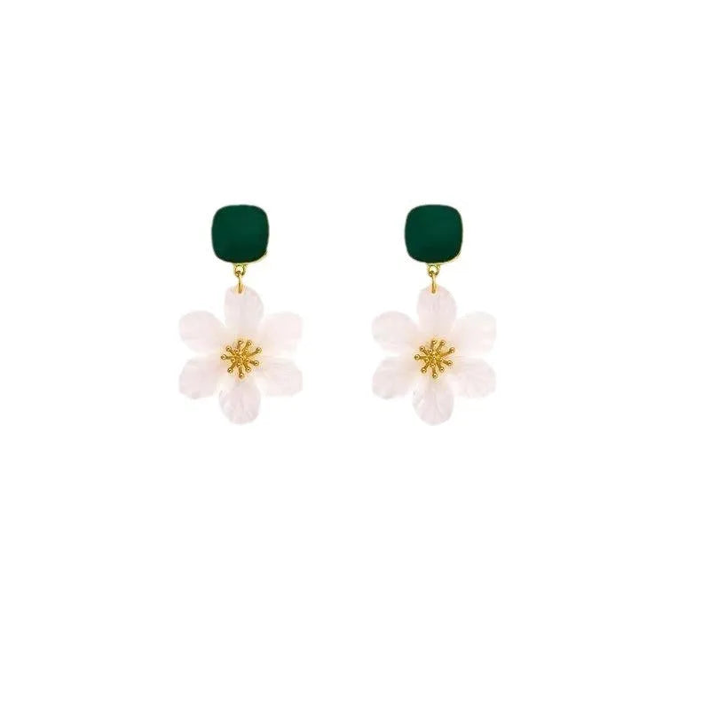 Dark green alloy earrings with detailed needle flowers sweet design for women