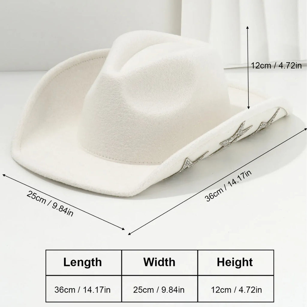Polyester western top hat with hexagonal star design on conical crown in size M