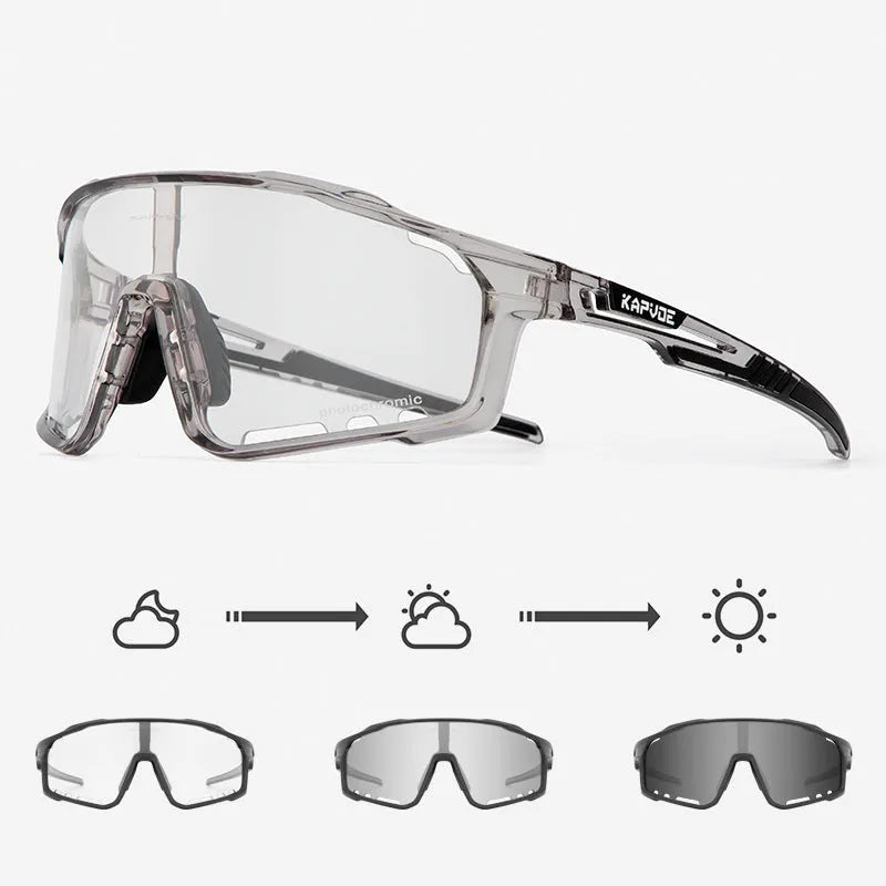 Semi-rimless photochromic cycling glasses with a TR90 frame, shown in a sport setting.