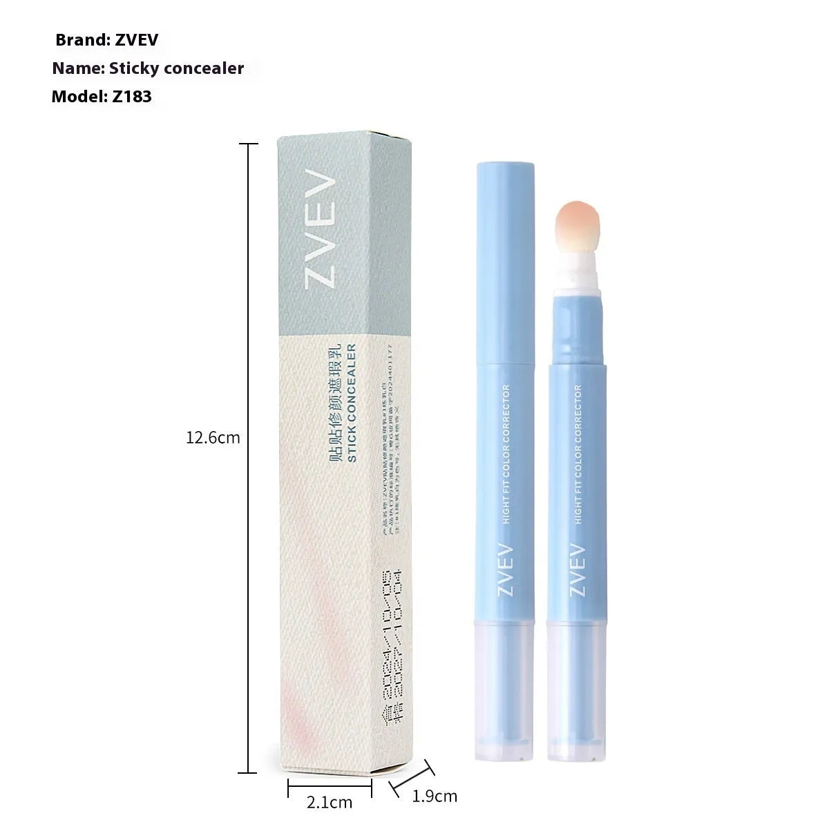 Concealer pen cream with sponge brush head in three shade options for skin and clothing.