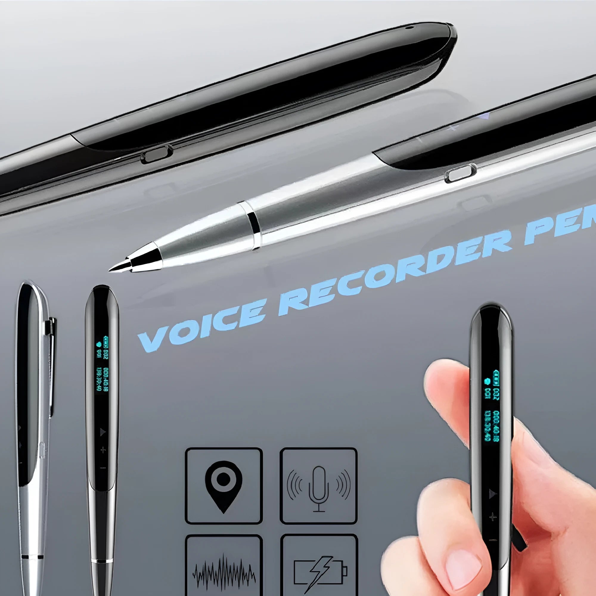 Black and silver lossless recording pens with OLED display screens and zinc alloy shells.