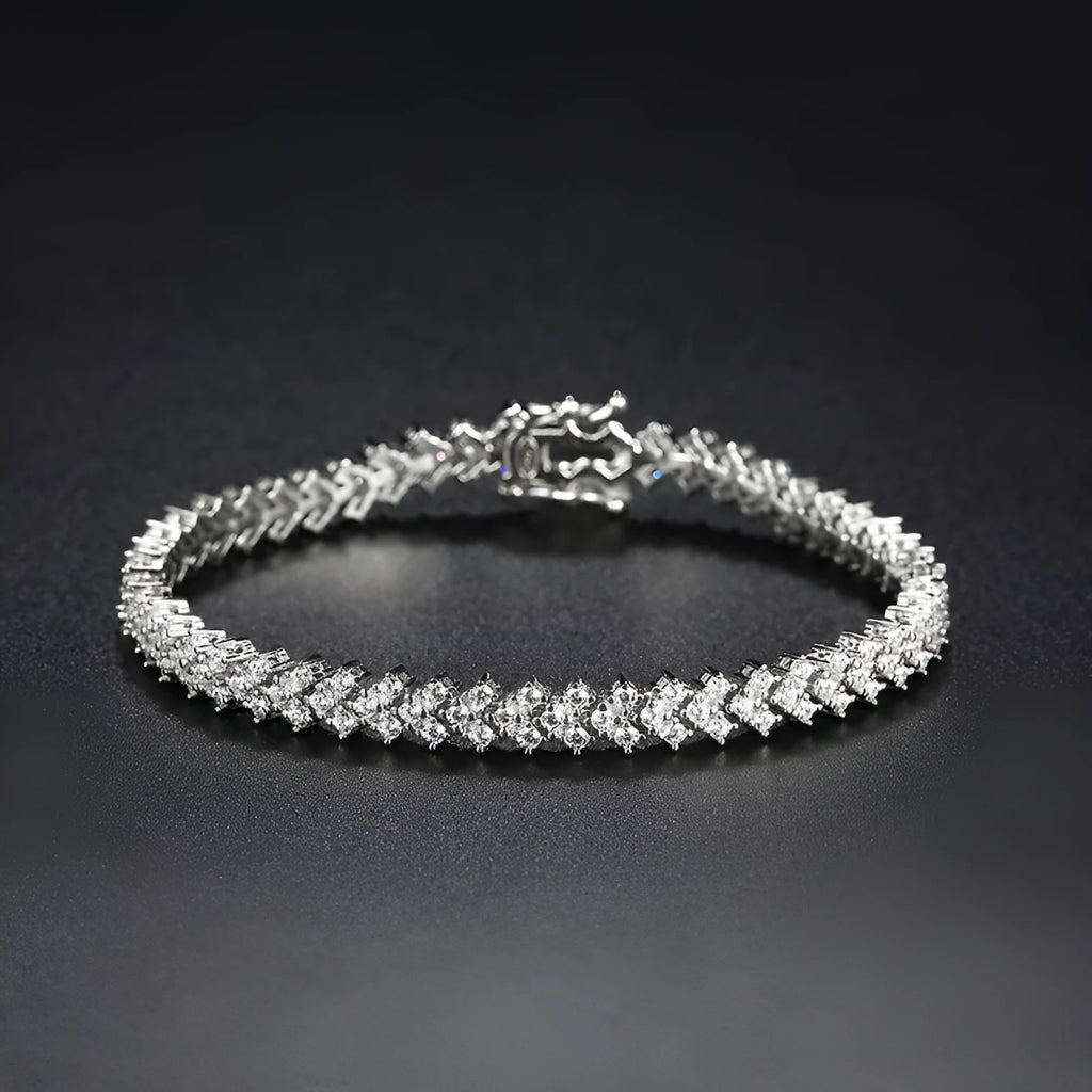 Silver plaid bracelet for women with moissanite stone on neutral background showing woven pattern and clasp