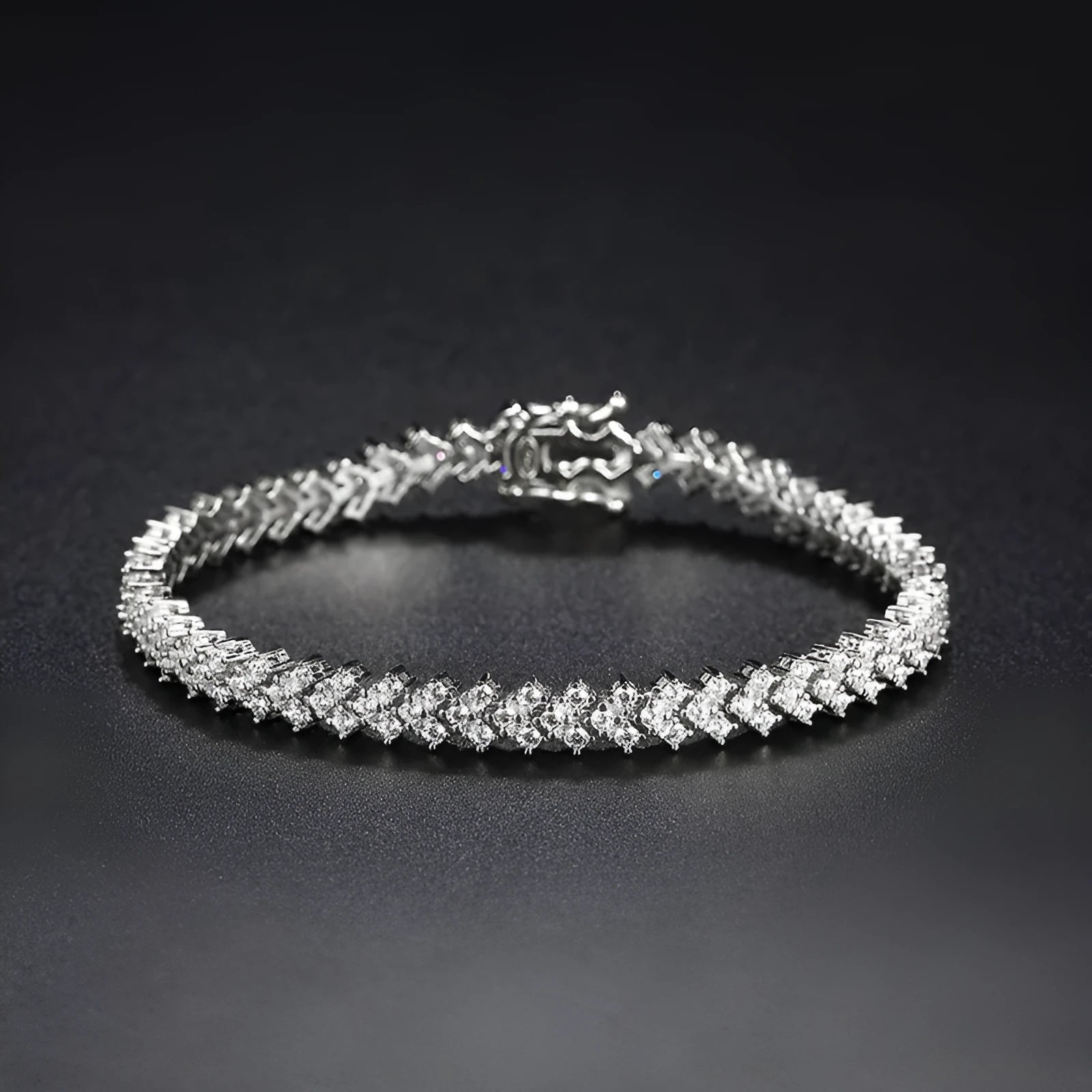 Silver plaid bracelet for women with moissanite stone on neutral background showing woven pattern and clasp