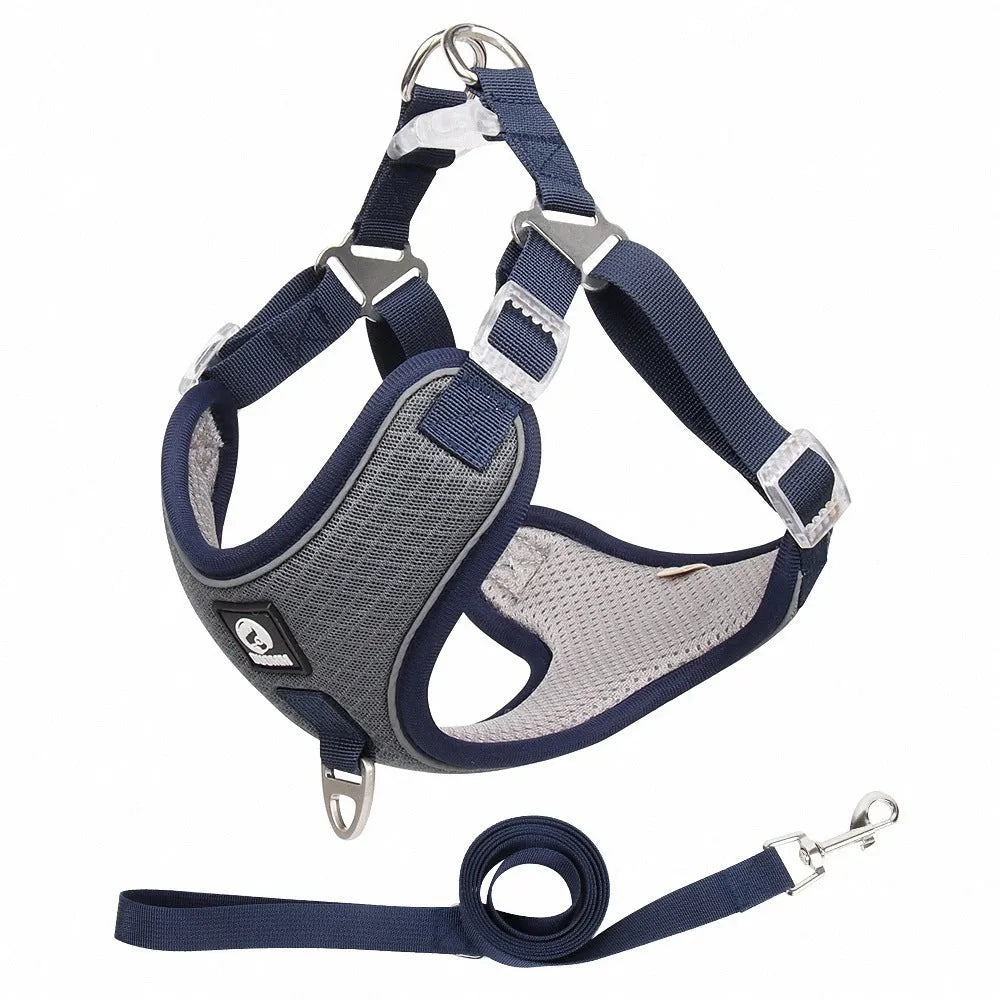 Adjustable breathable mesh dog harness with reflective trim in multiple colour options