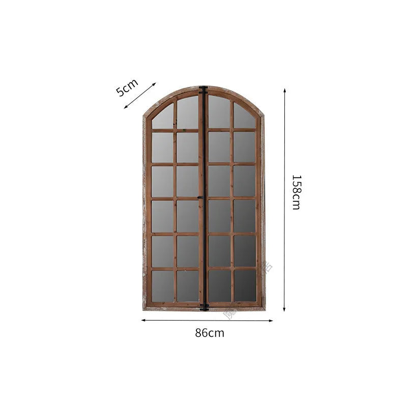 Terrace distressed fake window wall mirror with wooden frame and log colour finish
