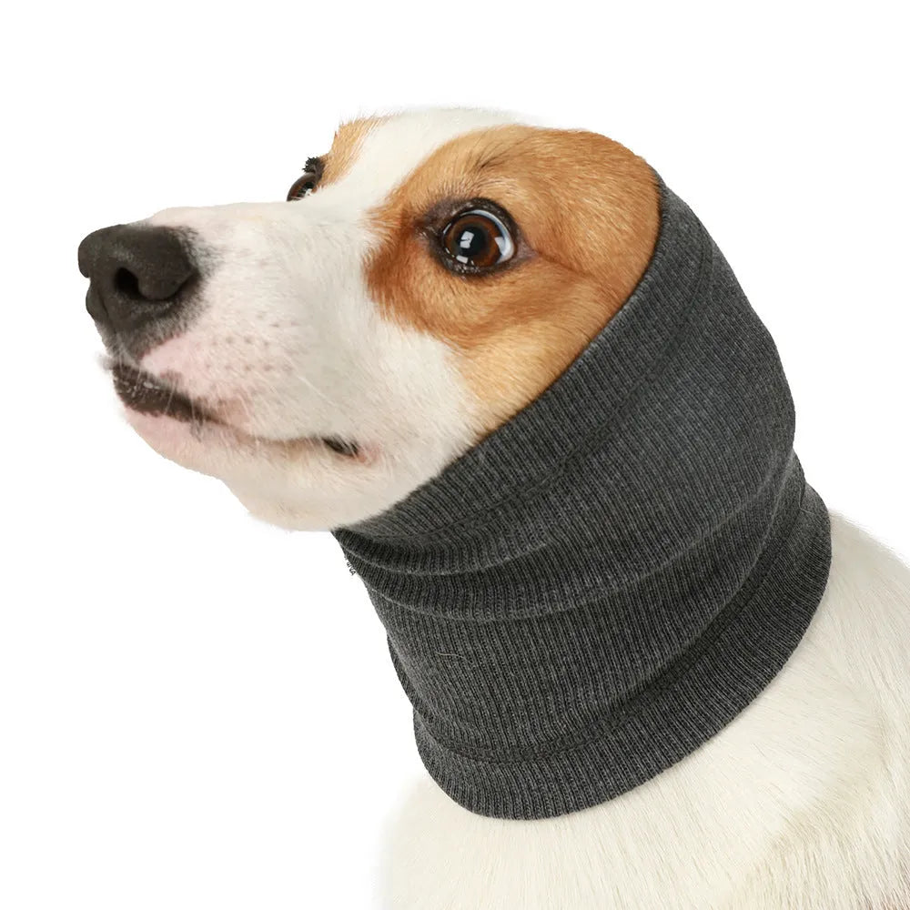 A blue or grey polyester headband scarf for dogs, shown in small, medium, and large sizes.
