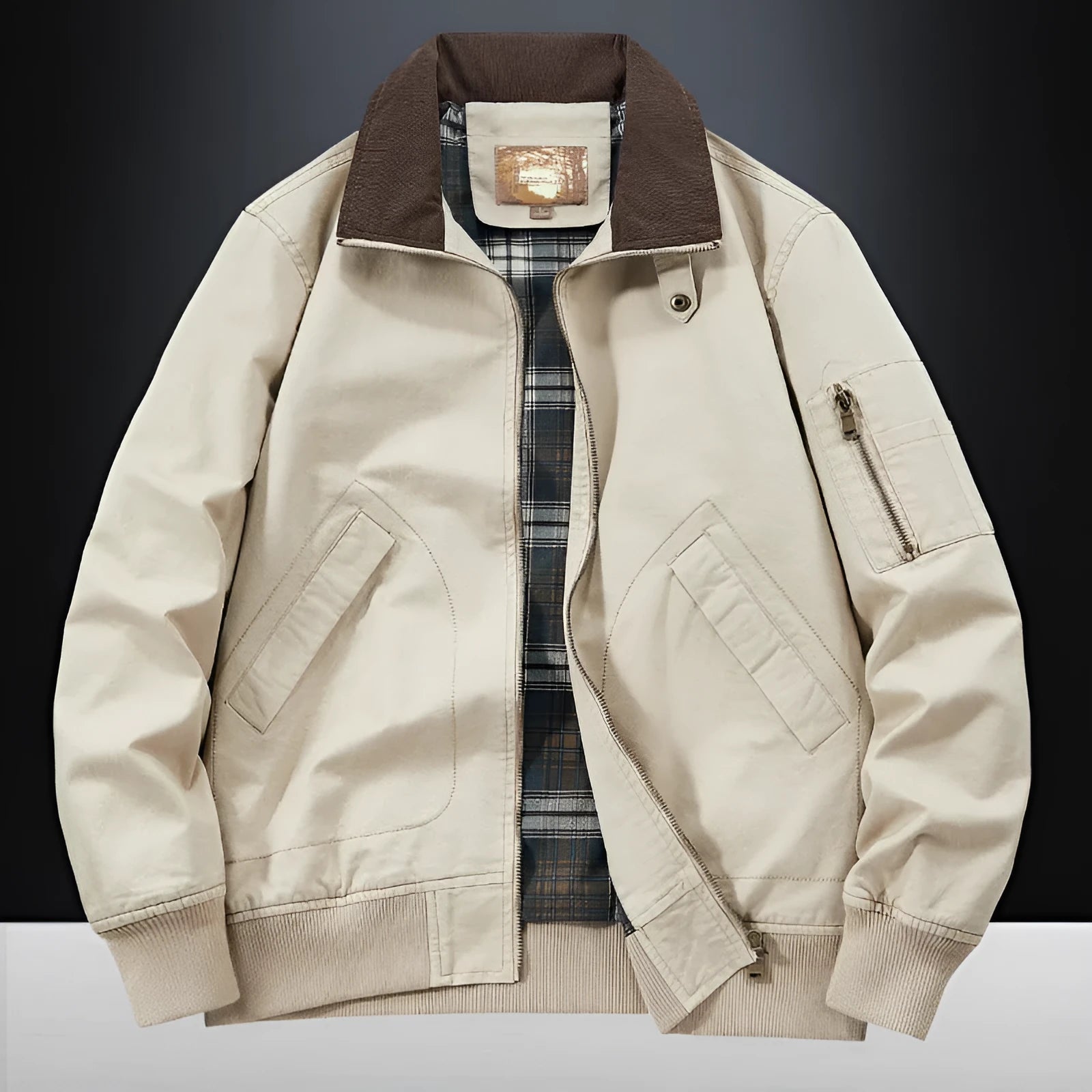 Men's washed cotton baseball flight jacket in Army Green colour on a hanger