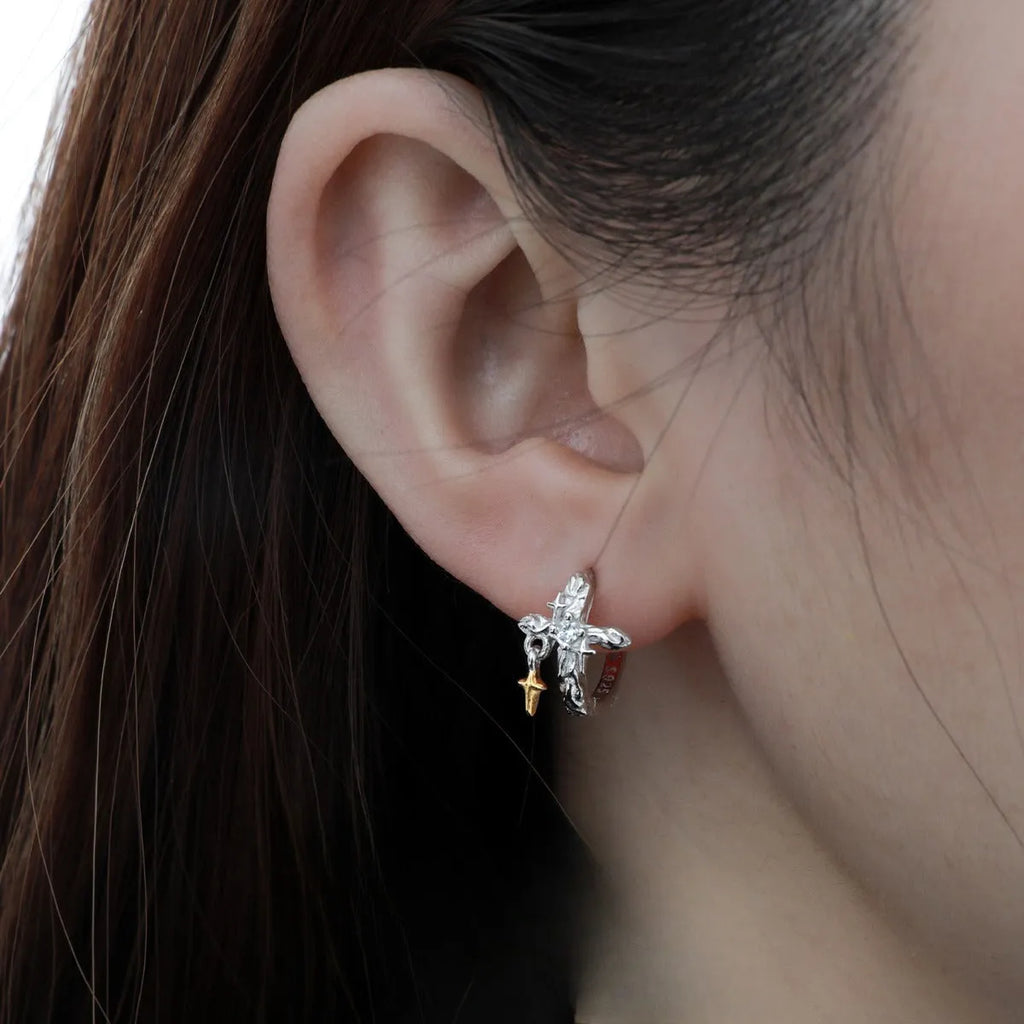 925 silver geometric cross earrings with white gold colour finish and round element detailing