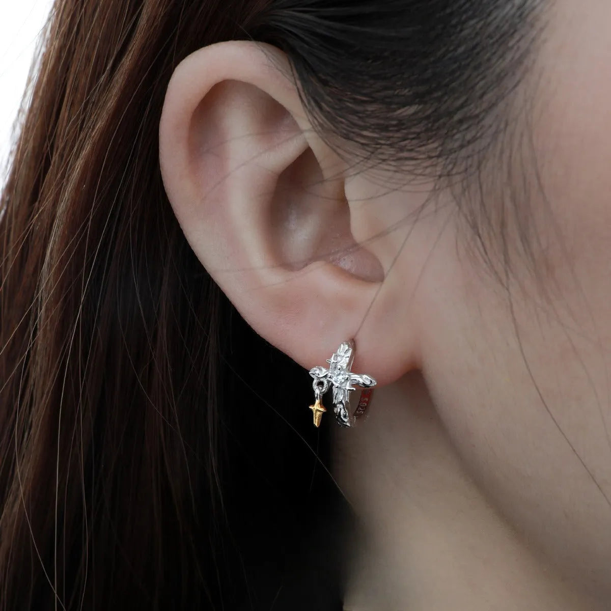 925 silver geometric cross earrings with white gold colour finish and round element detailing
