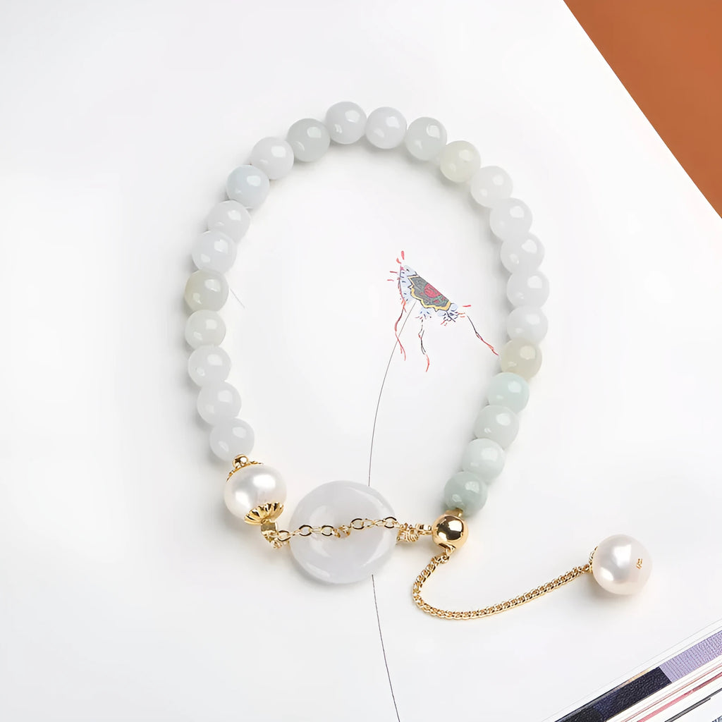 Handmade jade pearl bracelet with natural emerald peace buckle and geometric national style design