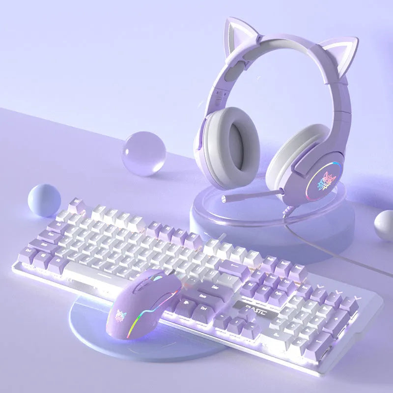 Purple and white mechanical keyboard and mouse set with backlight illumination