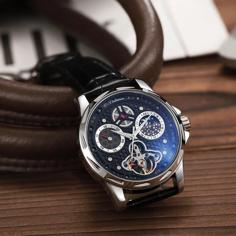 Men's automatic waterproof watch with luminous hands and stainless steel case on leather strap