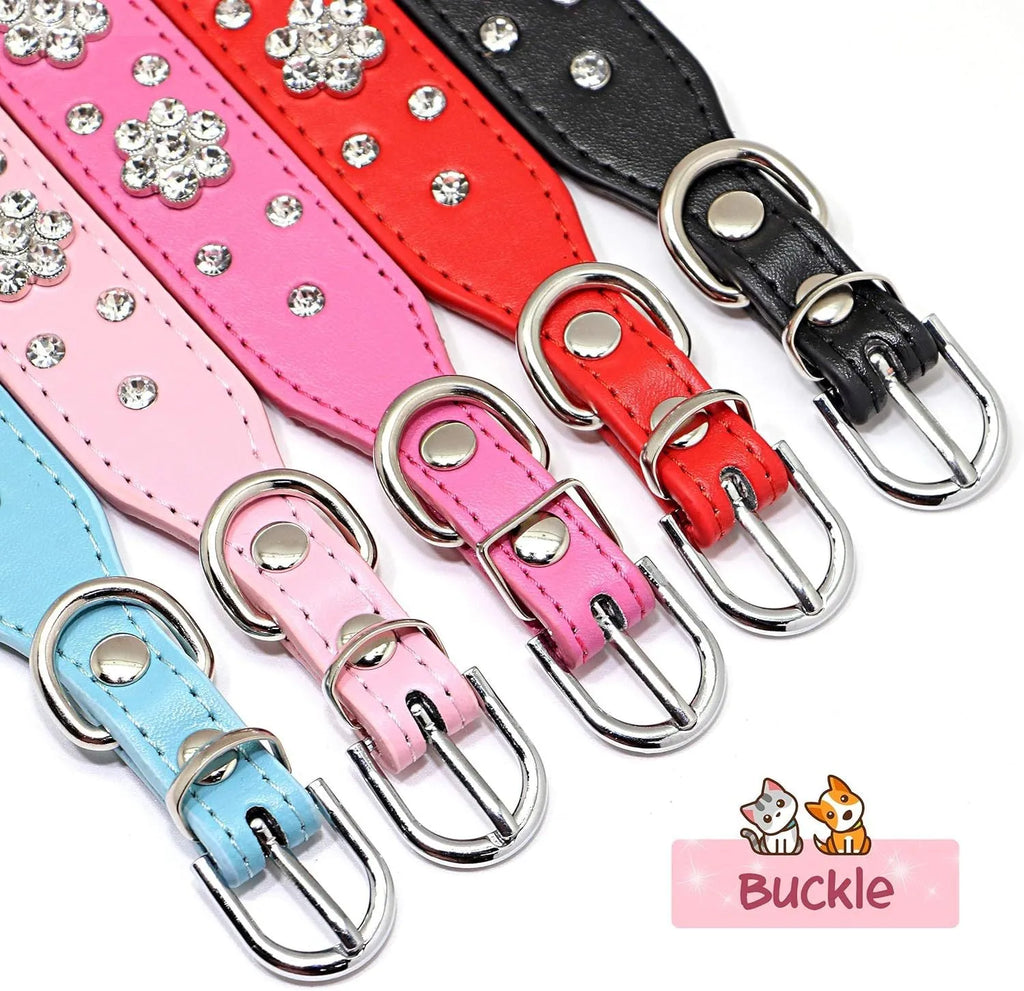 Black PU leather dog collar with rhinestone flower pattern and metal studs for small dogs