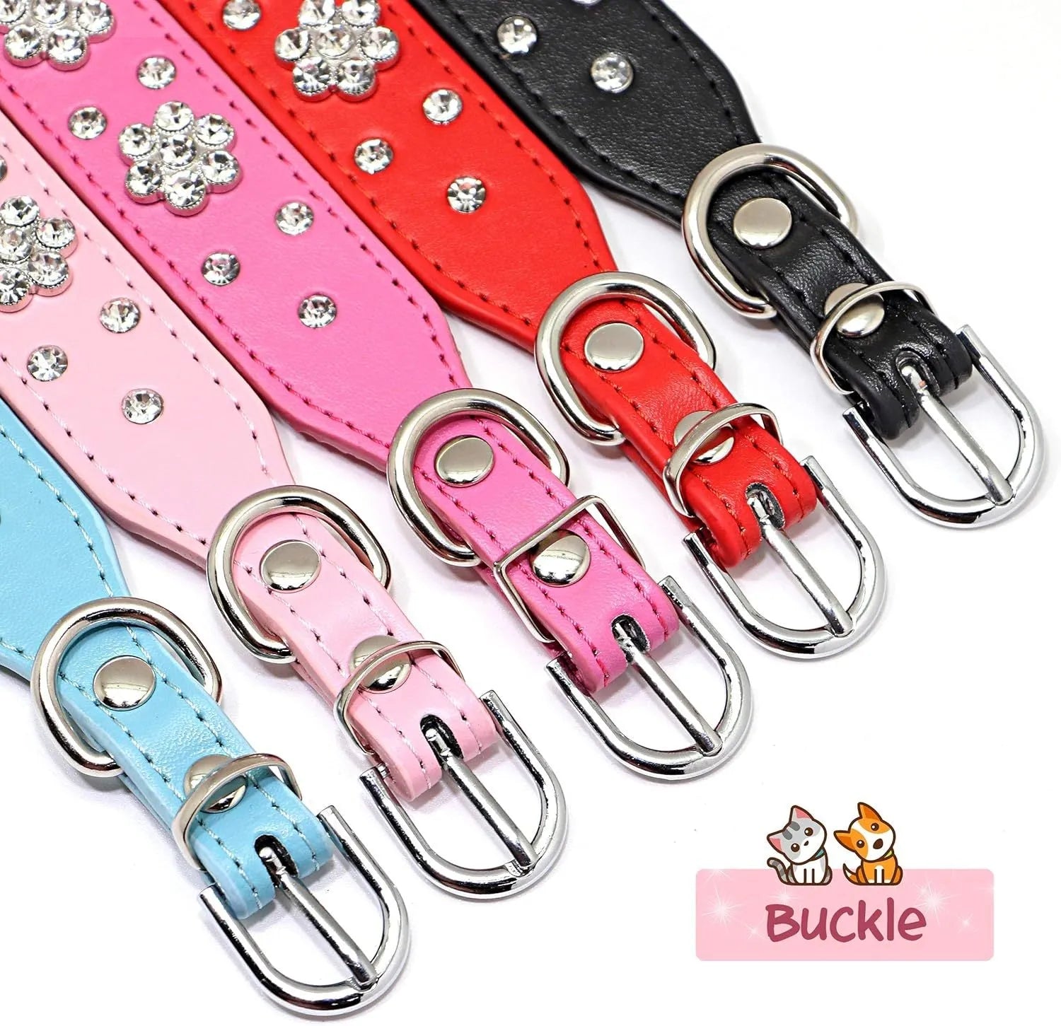 Black PU leather dog collar with rhinestone flower pattern and metal studs for small dogs