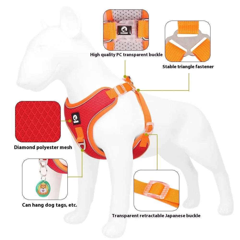 Adjustable breathable mesh dog harness with reflective trim in multiple colour options