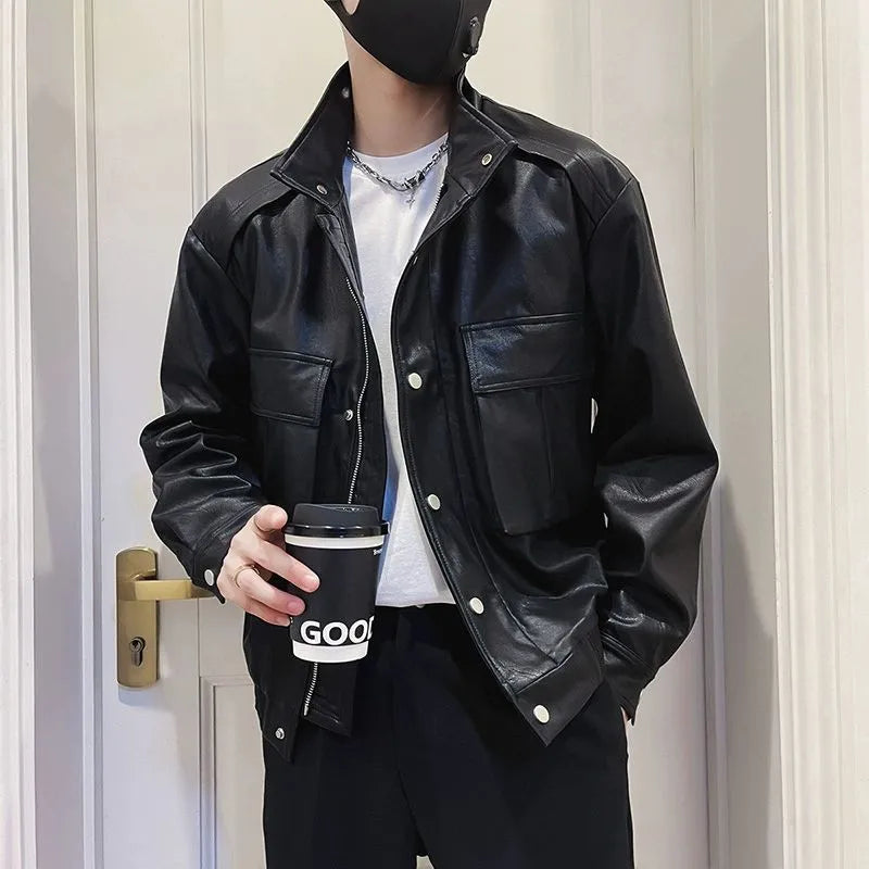 Men's black Korean style PU leather pilot jacket with side pockets and straight hem