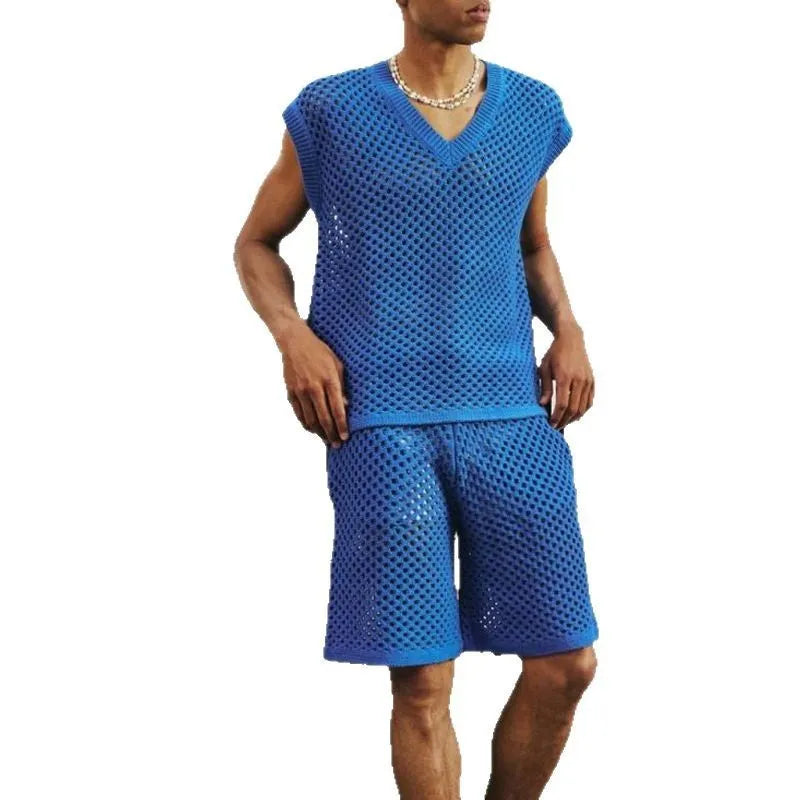 Men's blue knitted vest and shorts sports suit with V-neck and sleeveless design
