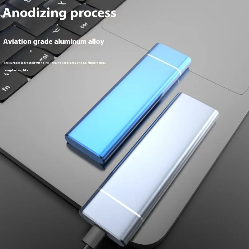 Sapphire blue metal portable solid state external hard drive with USB cable