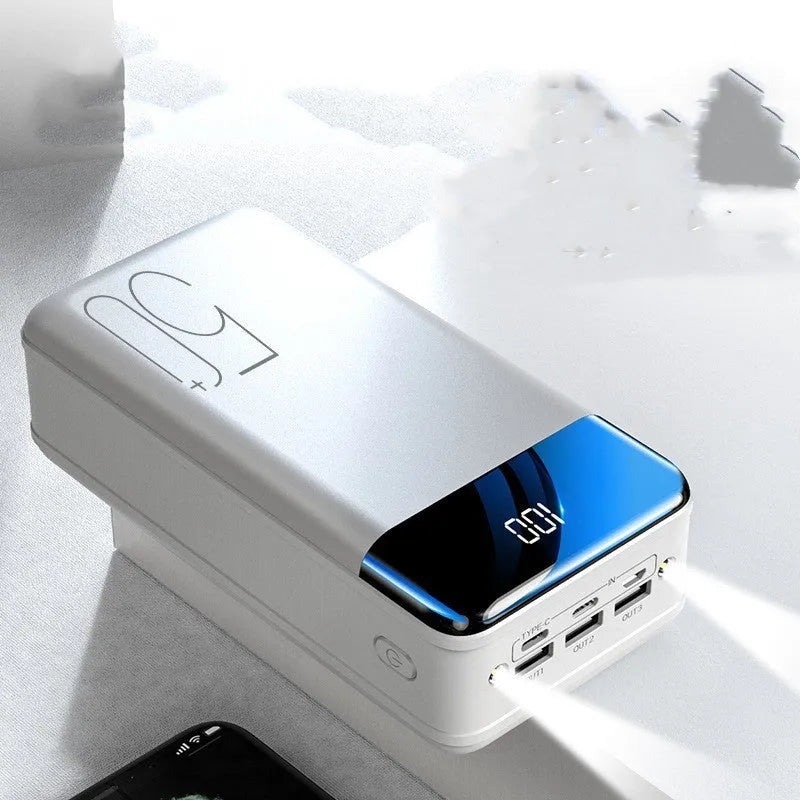 Large capacity 50000mAh power bank with three output ports and three input ports in black or white plastic case