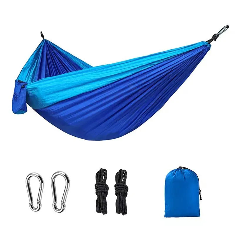 Blue nylon parachute cloth outdoor hammock with 300 kg capacity and 270x140 cm dimensions
