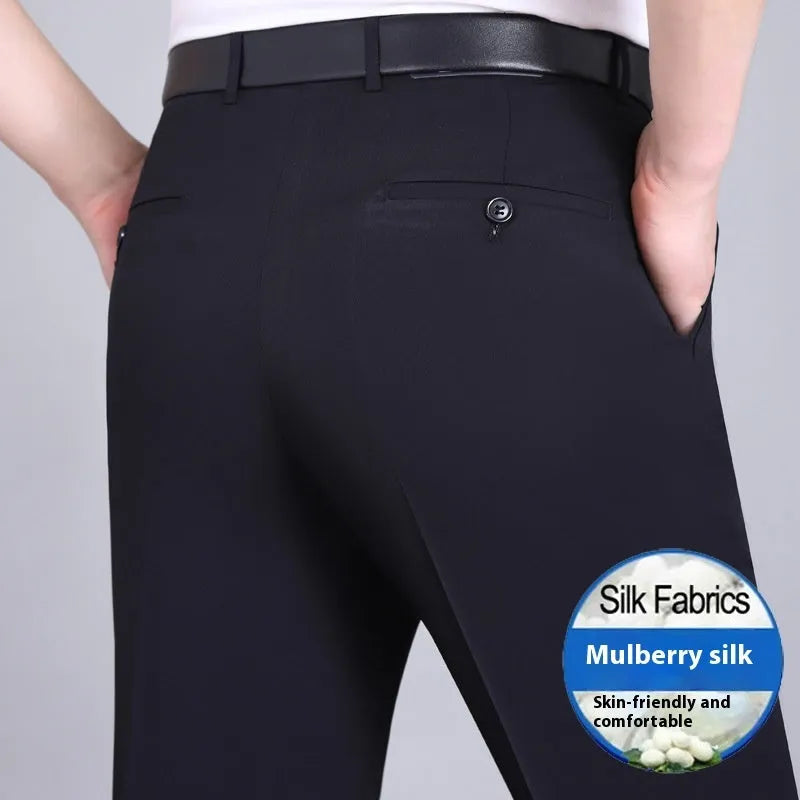 Men's mulberry silk business trousers in straight leg cut with high waist design
