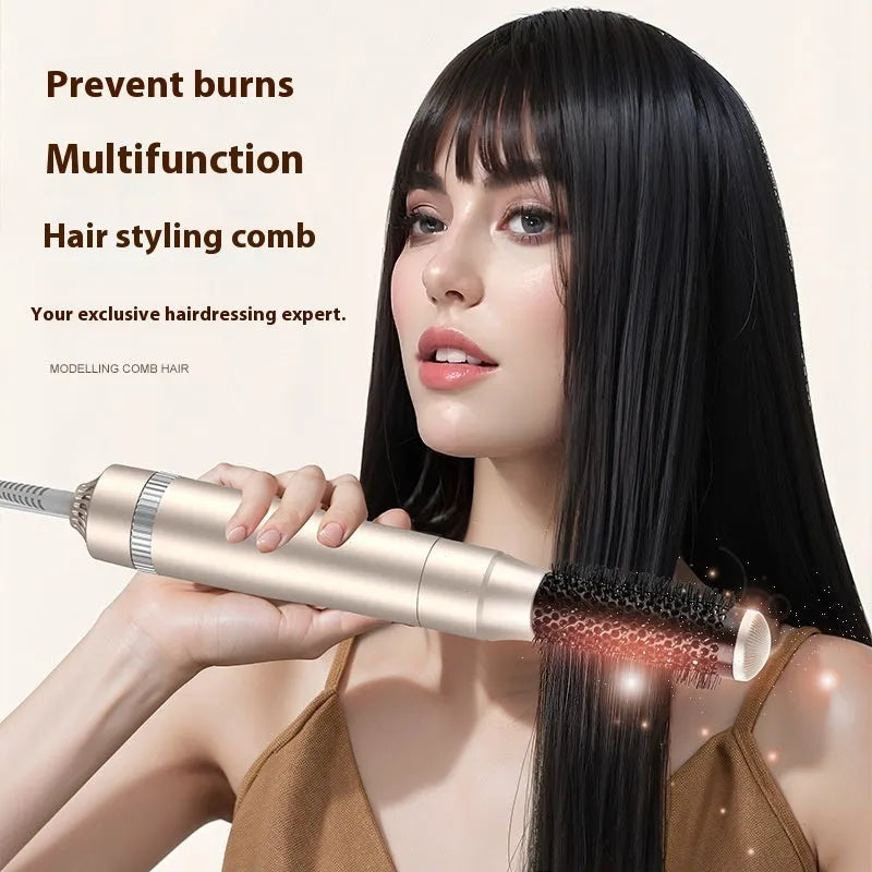 Champagne gold five-in-one hot air comb hair curler and straightener with multi-function styling capabilities