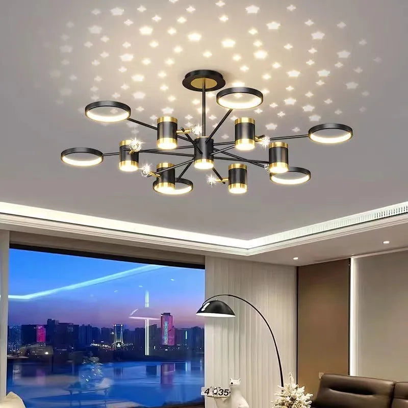 Black iron pendant lamp chandelier with 13 light heads and remote control, 1000mm diameter