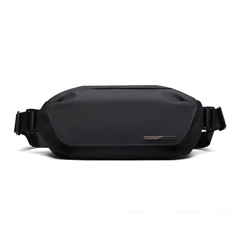Black men's Oxford cloth messenger bag with cross-body strap on a plain background