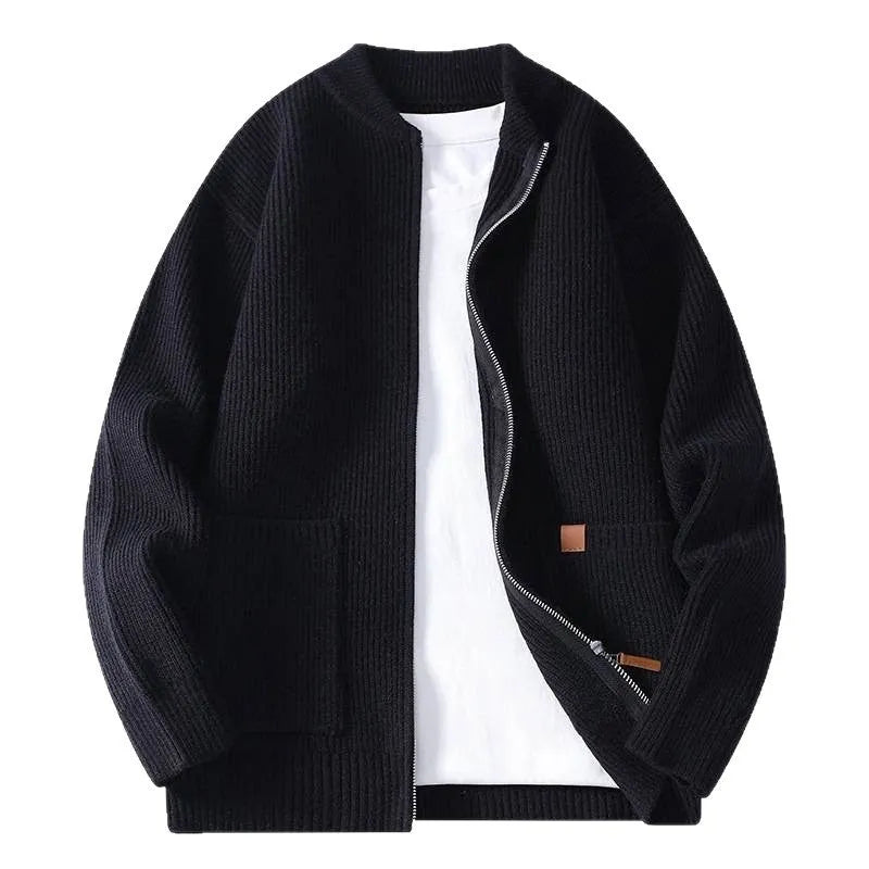 Men's beige striped straight fit cardigan jacket on a hanger.
