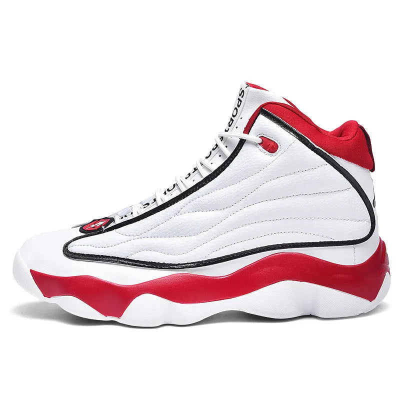 High-top basketball shoes with thick rubber sole and mesh upper in AJ13 colour options