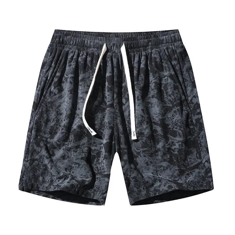 Men's camouflage pattern corduroy athletic shorts with a straight cut and high waist.
