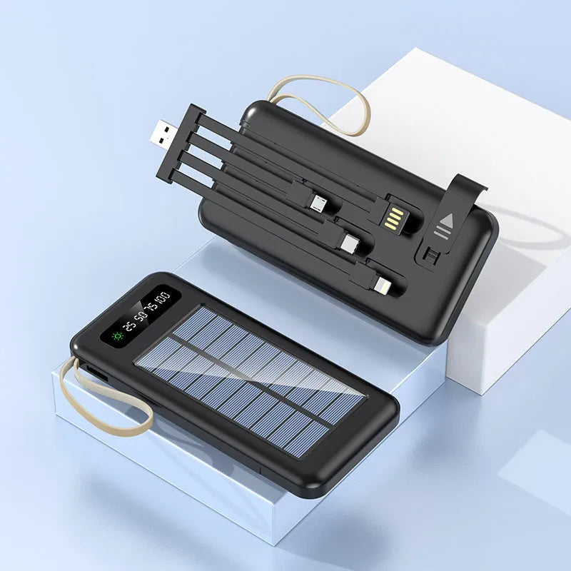 Solar power bank in black or white with charging cable, showing front panel and side dimensions