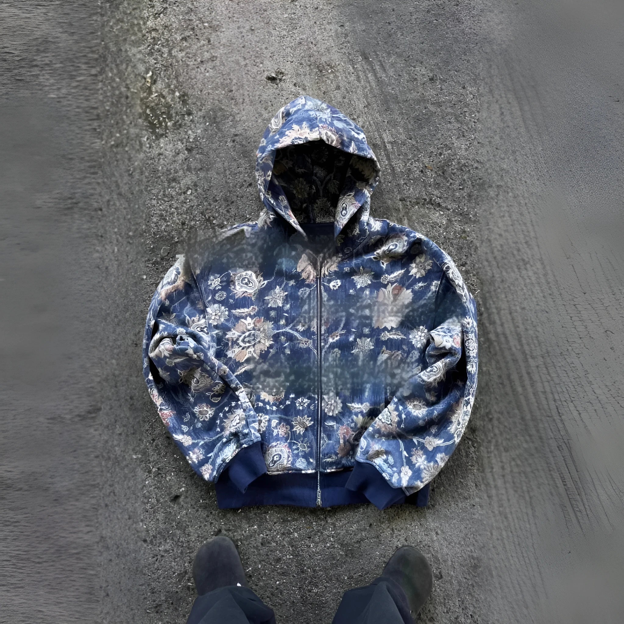 Man wearing a loose-fit blue hooded zip-up polyester coat for casual autumn wear.