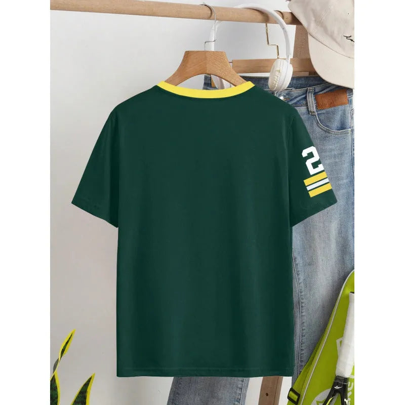 Cotton loose-fit casual t-shirt with a printed letter design in red or green colour.