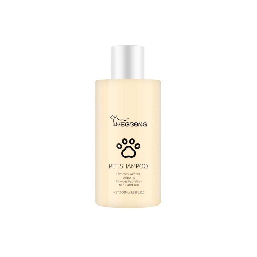 Bottle of mild pet shampoo for cats and dogs, shown in 100ml and 300ml sizes.