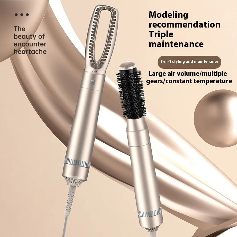 Champagne gold five-in-one hot air comb hair curler and straightener with multi-function styling capabilities