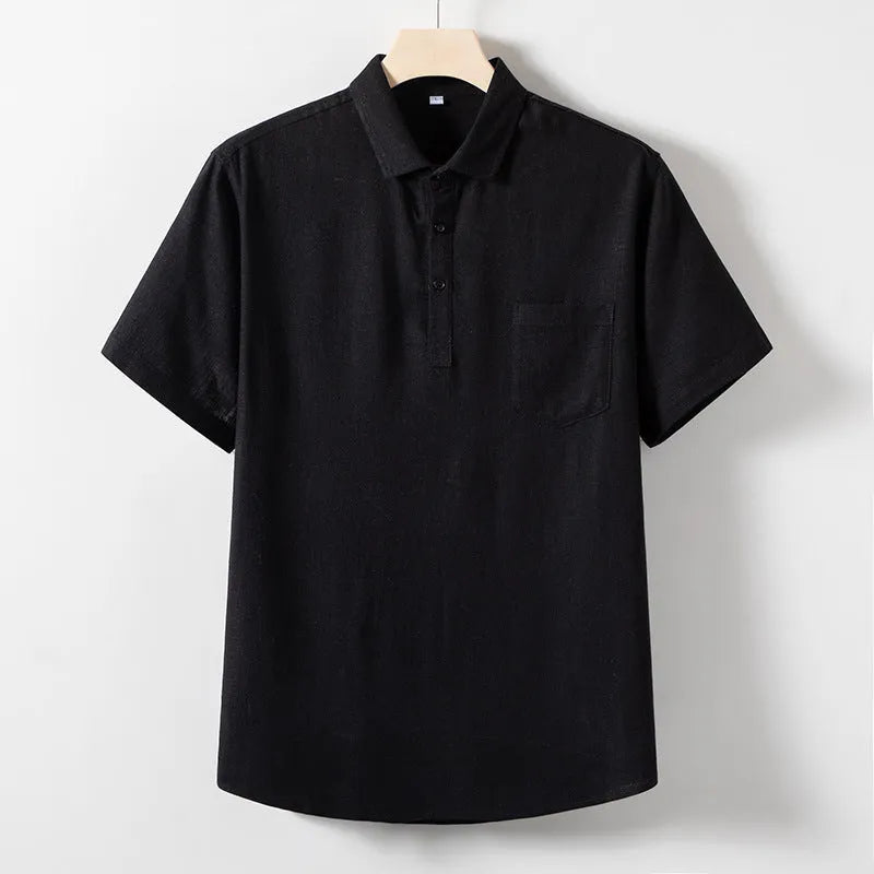 Men's loose-fitting linen-blend lapel t-shirt in black, shown on a model, highlighting the open collar and short sleeves.