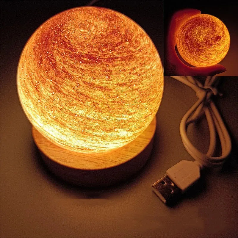 Planet-themed night light with USB cable and base, showing 80mm diameter globe