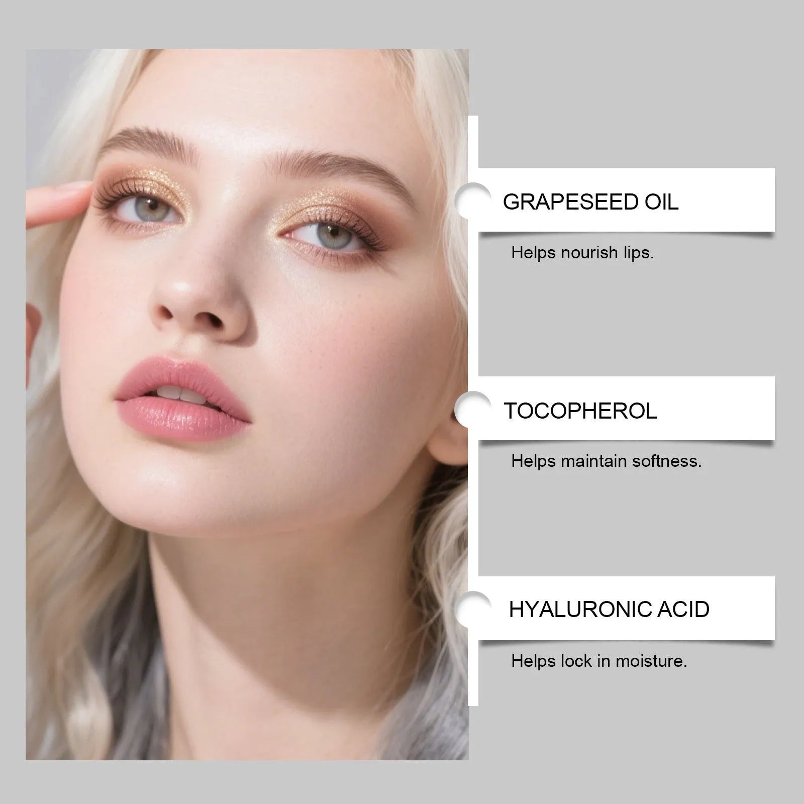 Long-lasting nourishing lip oil tube with 4.3ml capacity, clear formula with grape seed oil and shea butter