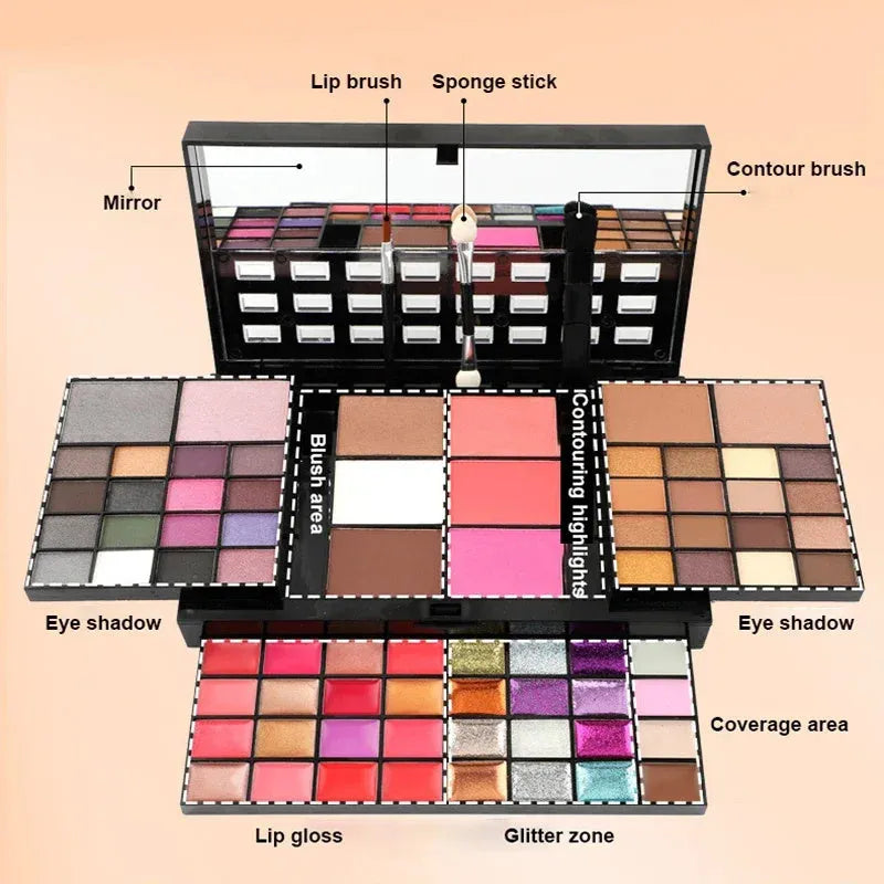74 colour makeup palette open showing eyeshadows, lip glosses, concealers, blushes, and contour powders with included brushes