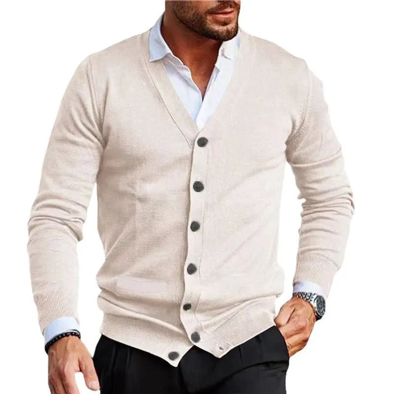 Men's slim fit acrylic cardigan in wine red colour, shown as an autumn sweater coat.