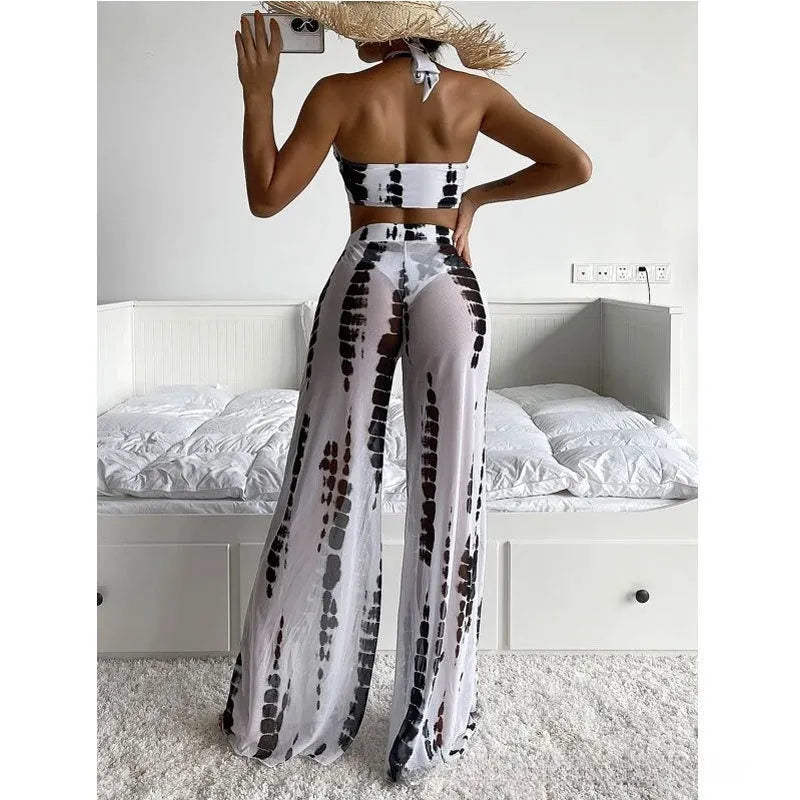 Women three-piece swimsuit set with mesh trousers in black printing pattern