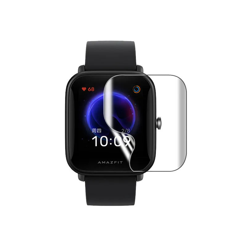 Amazfit Bip S smartwatch with applied TPU hydrogel screen protector showing full coverage