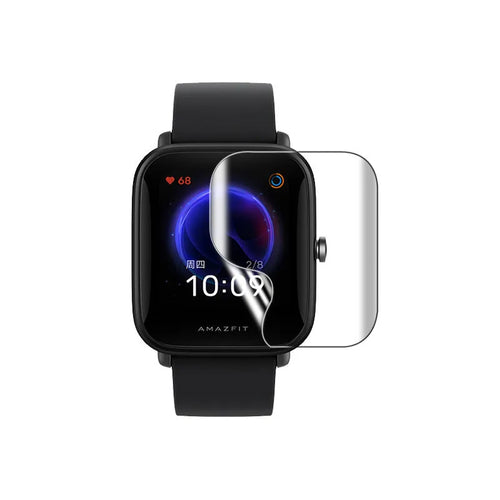 Amazfit Bip S smartwatch with applied TPU hydrogel screen protector showing full coverage