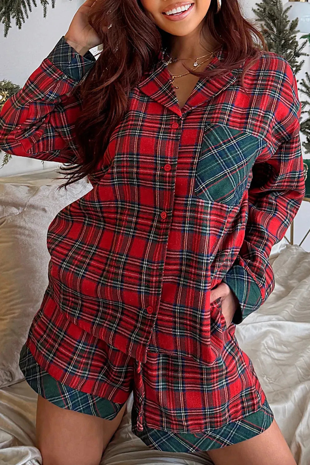 Red plaid contrast patched Christmas pyjama set with long sleeve shirt and matching shorts