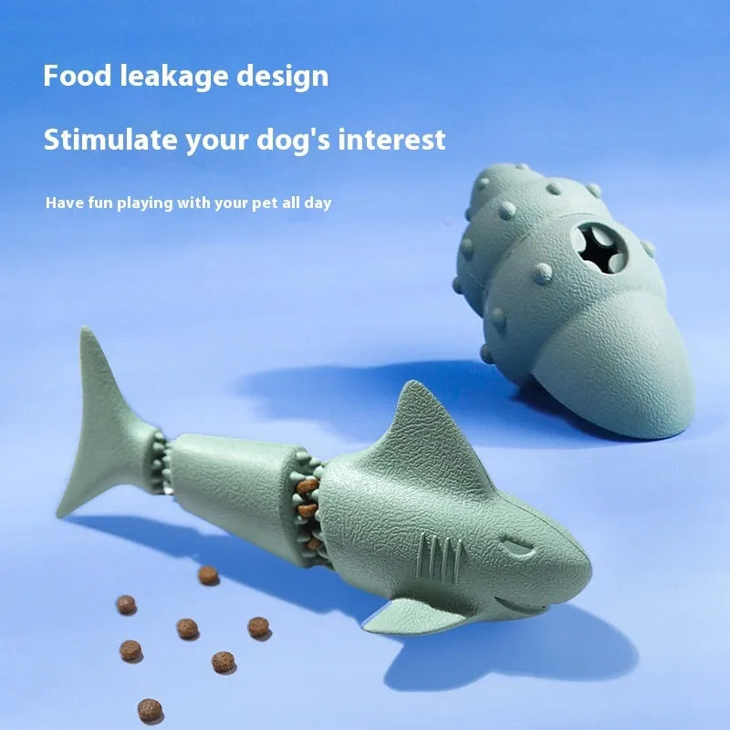 Blue rubber shark dog chew toy for aggressive chewing.