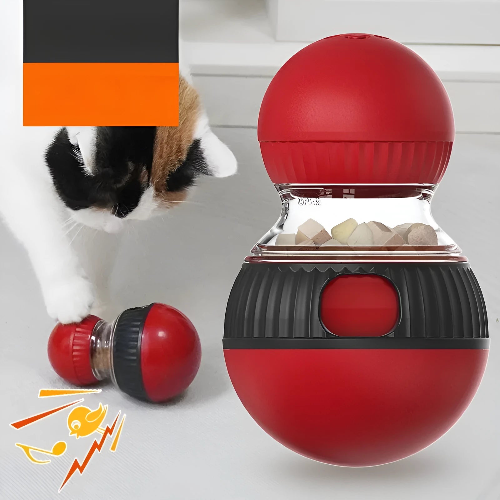 Colourful rotating plastic cat food ball toy with toy cat figure and super ball elements